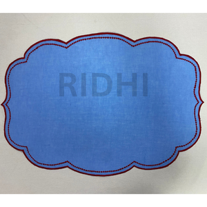 <b>Blue</b> Linen <b>Placemat</b> With Scalloped Red Embroidered Edge Table Mats for Dining, Modern Tableware, Reusable Elegant Kitchen Decor - Product Image 3