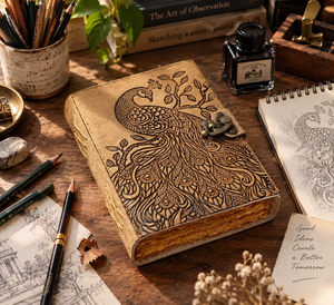 Custom Genuine Leather Hardcover A3 '<b>Book</b> Shadows' Hand-Stitched Acid-Free Travellers Notepads Office Diary <b>Notebook</b> Peacock - Product Image 2