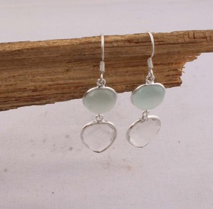Boucles d'oreilles pendantes en Prehnite naturelle et Quartz cristallin, en argent sterling 925, pierres précieuses facettées, faites à la main, bijoux en gros - Product Image 2