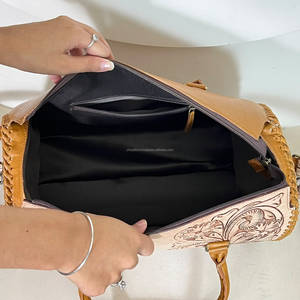Chic Attire Luxury for Hand-Tooled Floral Genuine Leather 15-Inch Duffel Weekender Travel <b>Bag</b> Zipper Closure Nylon - Product Image 6