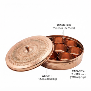 Caja de Masala de Cobre Martillado Hecha a Mano con 7 Recipientes de Cobre para Especias, Tapa Grabada, Organizador de Especias Indio para Cocina - Product Image 5