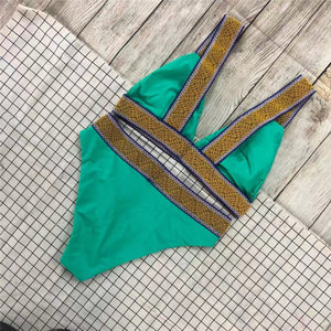 Women's <b>Yellow</b> <b>Bikini</b> Set Crossed Halter Top High Waist Bottom Contrast Binding Spandex Polyester Stretch Eco-Friendly Quick Dry - Product Image 6