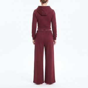 Women's Maroon <b>Cropped</b> <b>Zip</b> <b>Up</b> Hoodie Sweatshirt Wide Leg Straight Stacked Pants Two Piece Tracksuit Set - Product Image 2