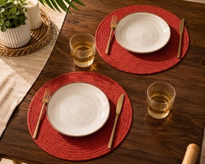 Round Cotton Red Braided <b>Place</b> <b>Mat</b> Washable Home Use Simple Solid Pattern - Product Image 3