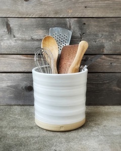 Premium Ceramic Utensil Holder Ribbed Texture Dual Tone Glaze High <b>Fired</b> Durable Kitchen Counter Storage Organizer - Product Image 2