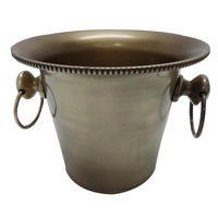 Seau à champagne en métal finition laiton antique avec poignées en anneau et bordure perlée, style vintage, seau à glace pour vin en bronze