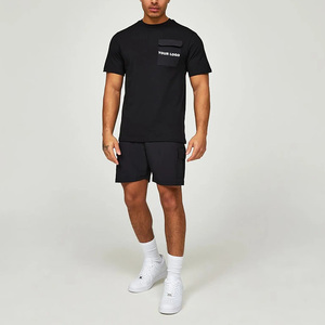 Men Summer Casual Two-Piece <b>Set</b> Black Cotton T-Shirt Shorts Breathable Crew Neck Solid Color Custom Logo Front Print and sale - Product Image 3