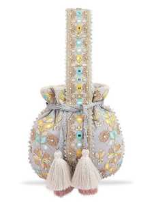 Bolso Potli de Seda Color Durazno con Diseño Único, Bordado Floral Dorado Zardosi, Bolso de Mano Étnico con Cordón para Mujer, para Bodas y Eventos - Product Image 4