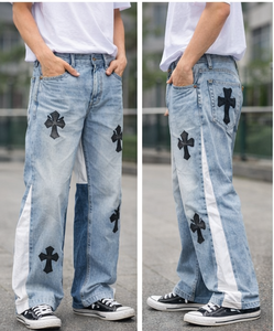 Jeans en denim coupe droite personnalisés pour hommes, motif croisé, haute qualité, décontractés, taille haute, respirants, couleur unie, automne-été - Product Image 6