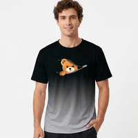 T-shirt à manches courtes noir pour homme avec imprimé ours de dessin animé et fermeture éclair, col rond décontracté, coupe régulière, tissu jersey 100% coton
