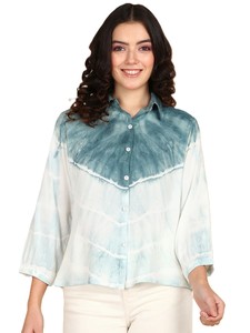 Camisa Informal de Manga Larga con Cuello Abotonado y Estampado Tie-Dye Hecha a Mano en Rayón para Mujer, Corte Regular, Primavera/Verano, Oficina, Estilo Simple, Marca Maaesa - Product Image 1