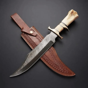 Cuchillo Bowie de Acero de Damasco Forjado a Mano con Mango de Hueso y Funda de Cuero, Cuchillo de Caza Personalizado para Compradores Mayoristas en EE. UU. - Product Image 1