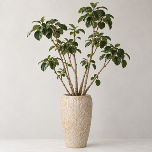 Trio de jardinières hautes en fibro-ciment gaufré effet feuille, coloris crème marbré, pour la décoration extérieure de patio, terrasse et jardin - Product Image 3