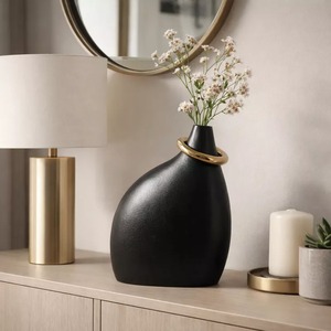 Vase de table moderne en métal noir Halo Bloom 14H, décoration artisanale - Product Image 3