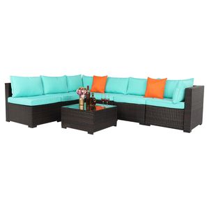 Set da 7 Pezzi in Rattan Marrone Sfumato con Cuscini Blu Lago, Divani da Giardino Sottovuoto - Product Image 1