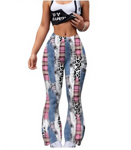 High Waist Flare Pants Women Patchwork Print Full Length <b>Elastic</b> Waist Bohemian Summer Style Skinny Fit Breathable Casual Pants - Product Image 1