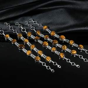 Wholesale Handmade 925 Sterling Silver Plated Natural Tiger Eye Gemstone Multi-<b>Stone</b> Bezel Link <b>Bracelet</b> Opaque <b>Stone</b> Jewelry - Product Image 5