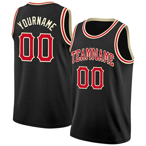 Camiseta de Baloncesto Personalizada Negra y Roja de Malla Transpirable Unisex para Adultos con Nombre y Número del Equipo Impresos por Transferencia Térmica en Poliéster - Product Image 1