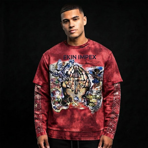 Camiseta Gráfica Extra Grande para Hombre, Color Borgoña, Lavado Ácido, con Pedrería, Manga Larga, Estilo Y2K, 100% Algodón Ecológico - Product Image 3