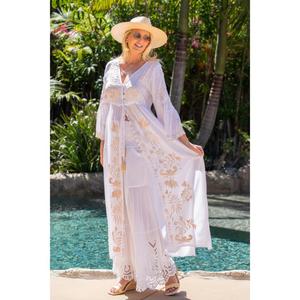 Vestido Maxi Blanco Estilo Boho para Mujer con Bordado, Cuello en V, Manga Larga, Estilo Kaftan, para la Playa o Vacaciones de Verano - Product Image 1