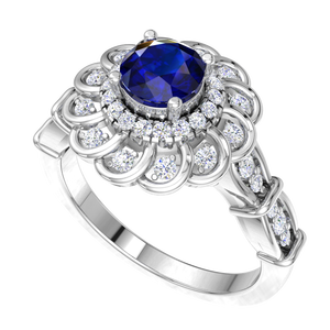 925 Sterling <b>Silver</b> Rhodium Plated Blue Sapphire CZ Floral Halo <b>Ring</b> Luxury Vintage <b>Statement</b> <b>Ring</b> for Women Cubic Zirconia Fine - Product Image 4