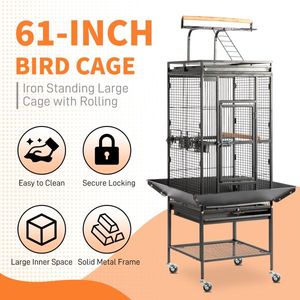 65-Inch Wrought Iron Large Rolling Bird Cage with Play Top and Stand Black for Parrots Lovebirds Cockatiels Parakeets - Product Image 3
