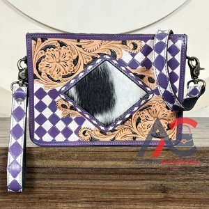 New Latest Stylish Tooled Leather Sling Shoulder <b>Bag</b> Cowhide Purple & White Checkered Western Crossbody Purse Wristlet Handbag - Product Image 1