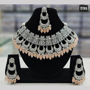 Jewelemarket <b>Silver</b> Plated Peach Fine Jewelry <b>Set</b> 11151679PE Choker <b>Necklace</b> with Crystal Stone and Pearls - Product Image 1