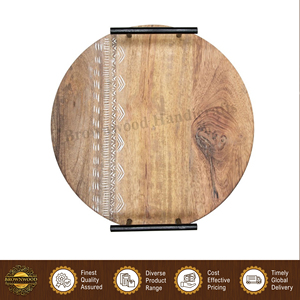 Premium Quality Hotel and Restaurant Supplies <b>Round</b> Shape Hand Carved Mango Wood Food <b>Serving</b> <b>Tray</b> with Metal Handles - Product Image 3