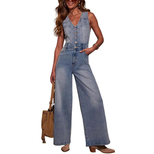 Mono de mujer sin mangas de Spandex/Poliéster con cuello en V, botones, cintura alta, pierna ancha, lavado, casual, corto, transpirable, para verano - Product Image 1