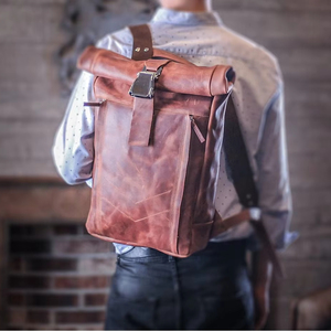 Brown Genuine Leather <b>Roll</b> Top <b>Backpack</b> Antique Look Travel Bag Large Capacity Mens Office Rucksack LTBP-0023 - Product Image 1