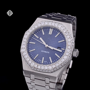 Montre de luxe pour homme à quartz, bracelet en acier inoxydable, cadran bleu, lunette sertie de diamants Moissanite, verre serti de diamants, chronomètre, 41 mm, montre tendance - Product Image 2
