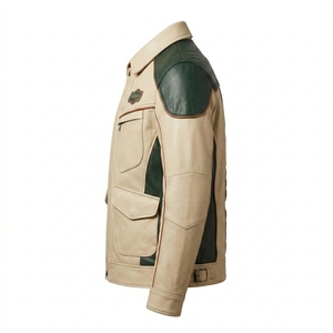 Premium Retro Green Beige Color Block Leather Motorcycle Jacket Men <b>Padded</b> Biker <b>Coat</b> Custom Moto Racing Outerwear Darkry - Product Image 4