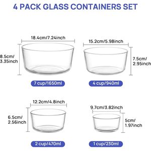 Set di 4 Ciotole in Vetro con Coperchi (1, 2, 4, 7 Tazze) Contenitori per Pranzo Adatti al Microonde, per Preparazione Pasti e Conservazione Avanzi - Product Image 2