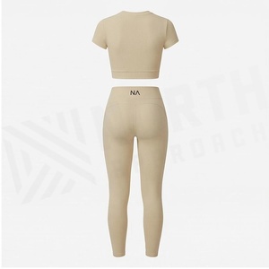 Ensemble de yoga 2 pièces North Approach : Crop top et leggings longs, beige uni, sans coutures, taille haute, vêtements de sport - Product Image 2