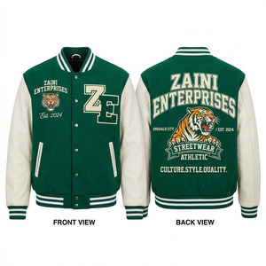 เสื้อแจ็คเก็ตวาร์ซิตี้ ZAINI พรีเมียม 500 GSM ผ้าวูลผสม กันลม สีเขียวตัวเสื้อ แขนสีขาว ปักโลโก้ตามสั่ง แต่งขอบผ้าริบถัก สำหรับผู้ชาย - Product Image 1