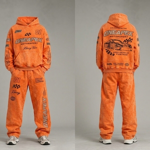 Conjunto Deportivo de Sudadera con Capucha y Pantalones Deportivos Extra Grandes para Hombre, Color Naranja, Estilo Motorsport, One Apex Racing Streetwear, 2 Piezas - Product Image 4