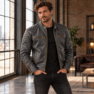 Chaqueta de Cuero Genuino Gris para Hombre, Estilo Motero, con Hombros Acolchados y Cierres Dorados, Chaqueta Moto con Relieve, Prenda Exterior de Moda - Product Image 3