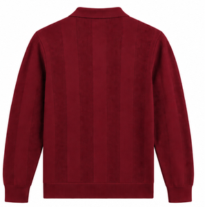 Burgundy <b>Mens</b> <b>Long</b> <b>Sleeve</b> Knitted <b>Polo</b> <b>Shirt</b> Textured Stripe Pattern Ribbed Collar Cuffs Smart Casual Pullover Fashion Top - Product Image 2