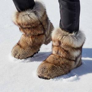 Bottes de neige en cuir véritable avec fourrure de renard, chaussures d'hiver unisexes avec semelle intermédiaire en caoutchouc confortable et doublure en fausse fourrure pour la randonnée - Product Image 4