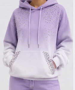 Sweat-shirt à capuche pour femme, couleur unie, manches longues, décoration perlée, tricoté, toile, vêtement d'hiver, logo frontal, imperméable - Product Image 3