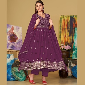 Élégante robe Anarkali violette pour femme, manches 3/4, en Georgette Crêpe, semi-couturée, idéale pour les mariages et les occasions festives - Product Image 1