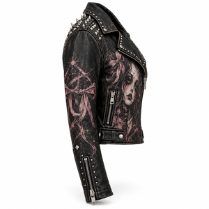 Chaqueta de cuero negra con cremallera asimétrica para mujer, estilo gótico rosa con estampado de retrato, cuello con tachuelas, abrigo de motociclista, proveedor de pedidos personalizados - Product Image 3