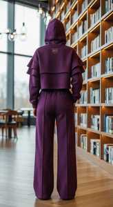 Conjunto Deportivo Morado para Mujer con Capucha, Top Corto de Manga Larga, Pantalones Anchos con Cintura Elástica, Corte Holgado Informal, Color Sólido - Product Image 3