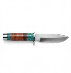 Outil utilitaire d'extérieur à lame fixe, fabriqué à la main, avec manche empilé turquoise et bois - Product Image 2