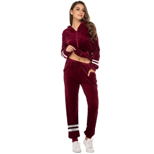 Burgundy Velvet Sweatsuit for <b>Women</b> <b>Zip</b> <b>Up</b> Hooded <b>Jacket</b> and Joggers Set Soft Two Piece Tracksuit Striped Athletic Outfit - Product Image 2