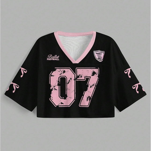 Ballet Football Women's Black <b>Mesh</b> <b>Crop</b> <b>Top</b> V-Neck Short Sleeve Loose Fit Sporty Style Number 07 Pink Print - Product Image 1