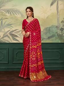 Bollywood Style Bridal <b>Red</b> Pure Gajji Silk Bandhani <b>Saree</b> with Handmade Gota Patti & Zari Work - Product Image 4
