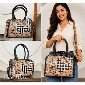 New Premium Vintage Hand Tooled Checkered Cow Leather Speedy Bag for Women's With Designer Floral Carved Pattern Shoulder Bag - Product Image 1