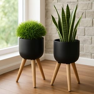 Ensemble de 2 jardinières en métal avec pieds en bois, noir, anti-rouille, rondes, pour plantes d'intérieur et d'extérieur, balcon, jardin, décoration de la maison - Product Image 4